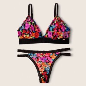 Floral Multicolor Padded Bralette with Black Trim and Panties Matching set
